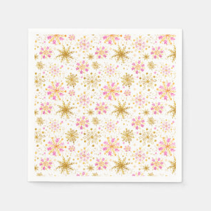 Guardanapo De Papel Flocos de Neve Rosa e Dourado de Inverno