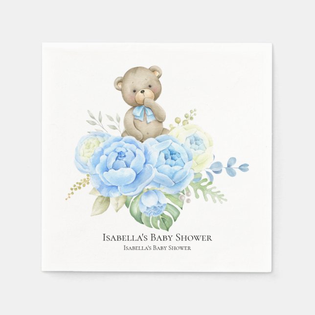 Guardanapo De Papel Flor Azul Baby Bear Boy | Chá de fraldas Napkins (Frente)