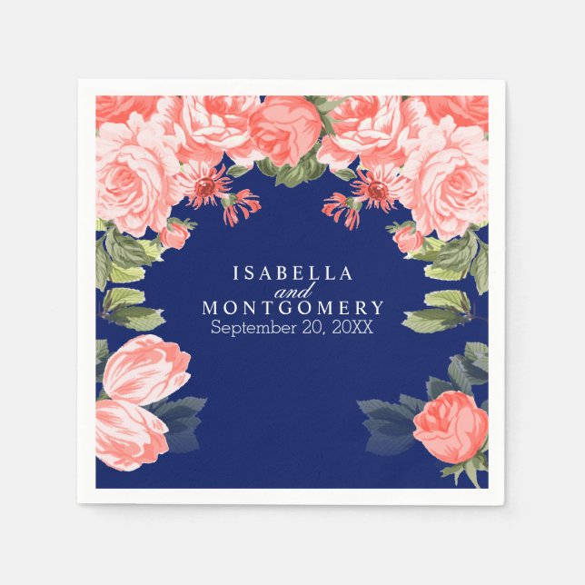 Guardanapo De Papel Flor de Coral e Azul Escuro Botânico (Frente)