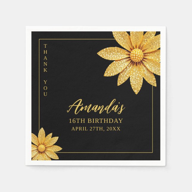 Guardanapo De Papel Flor Dourada Elegante Doce 16 Aniversário (Frente)