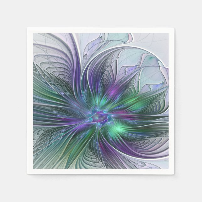 Guardanapo De Papel Flor Moderna Abstrata Fractal Verde Roxo (Frente)