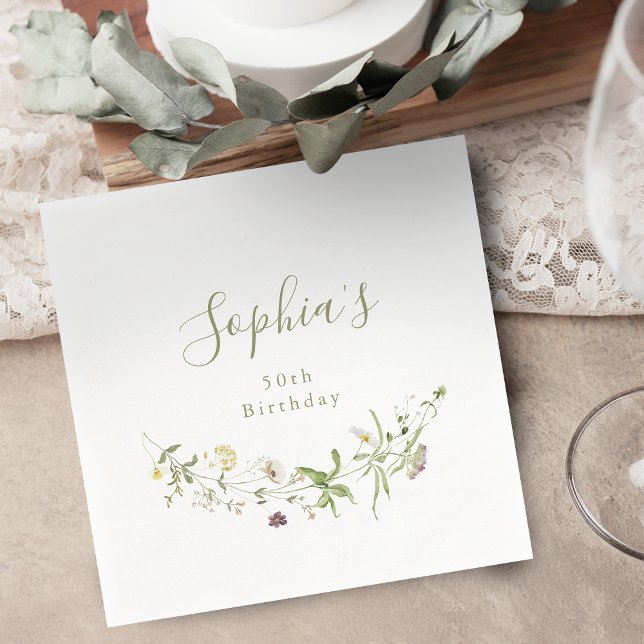 Guardanapo De Papel Flor Silvestre Verde Salvia Aniversário Rústico Bo (Sage Green Wildflower Rustic Boho Any Age Birthday Napkins)