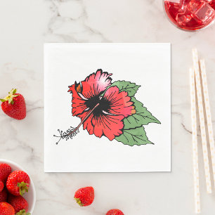 Guardanapo De Papel Flor Tropical Red Hibiscus com Folhas Verdes