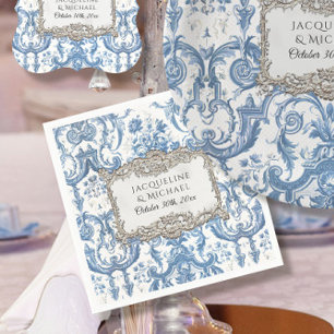 Guardanapo De Papel Florais Elegante Vintage Azul e Branco Prata Noiva
