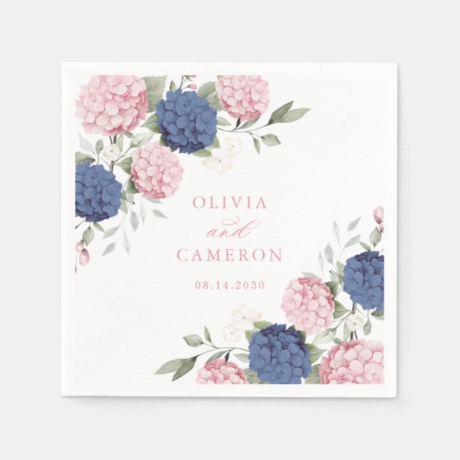 Guardanapo De Papel Florais Elegantes Rosa Azul Hidrangea Casamento (Frente)