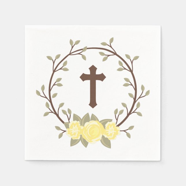 Guardanapo De Papel Floral Amarelo Wreath Cross Baptism Christening (Frente)