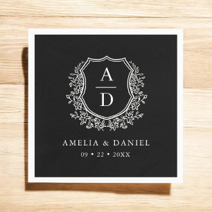 Guardanapo De Papel Floral Black White Crest Monograma de Casamento