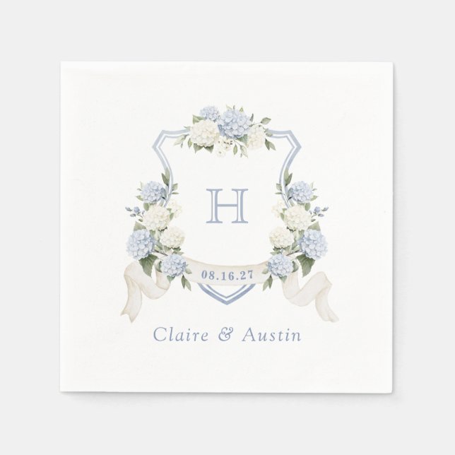 Guardanapo De Papel Floral Blue Hydrangea Crest Casamento Monograma (Frente)