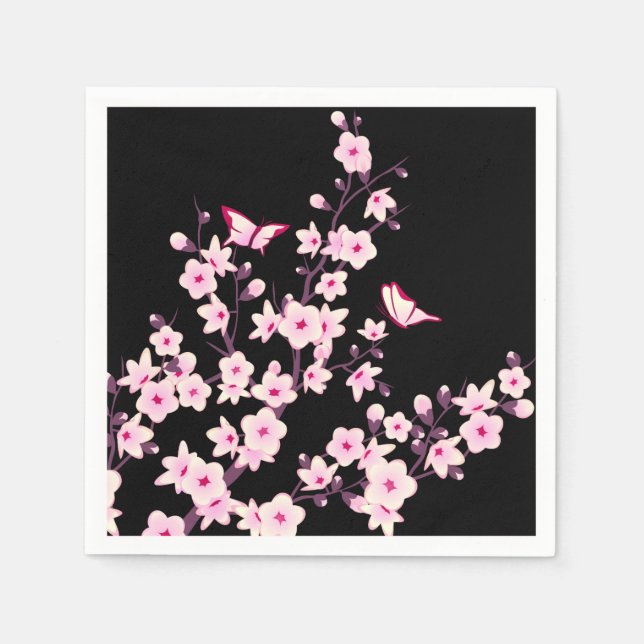 Guardanapo De Papel Floral Cherry Blossomo Rosa Preto (Frente)