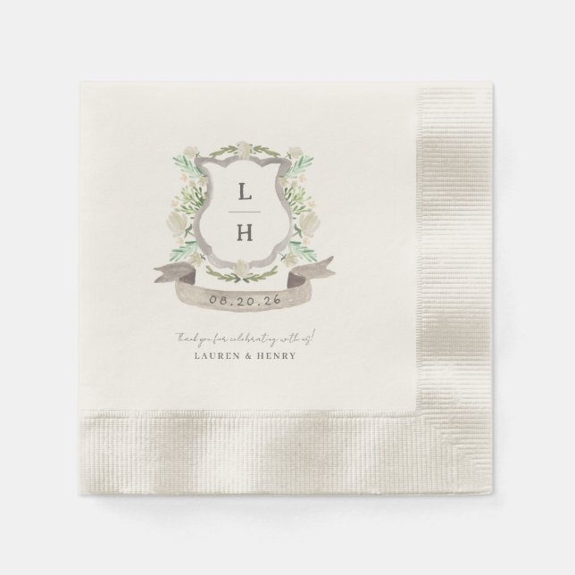 Guardanapo De Papel Floral Crest Watercolor Monograma Casamento (Frente)