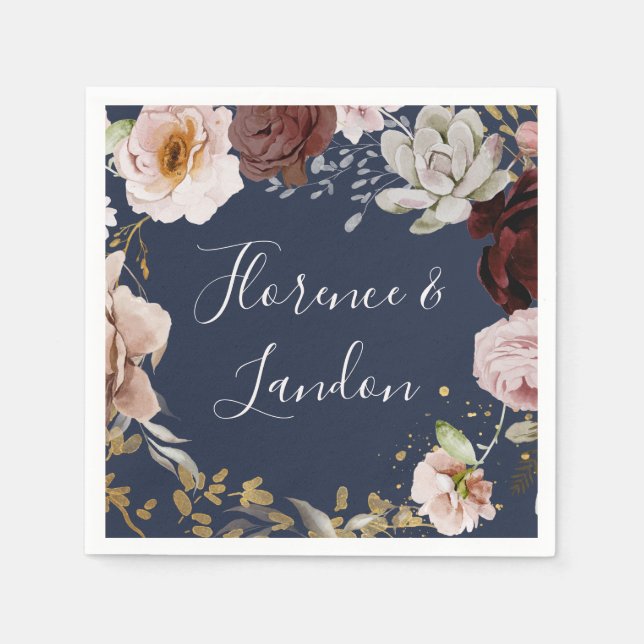 Guardanapo De Papel Floral de Blush Moderno | Marinho Casamento de Náp (Frente)