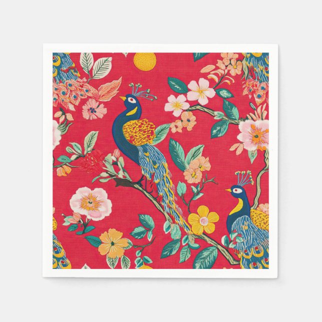Guardanapo De Papel Floral de Chinoiserie Vermelha com Peacocks (Frente)