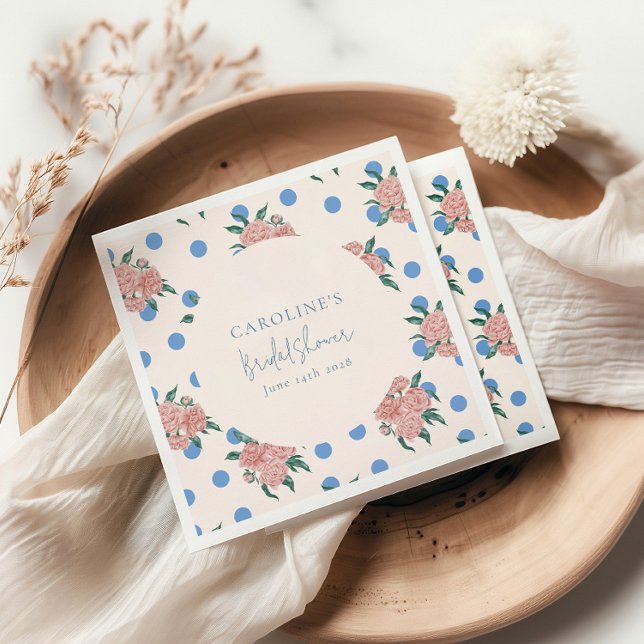 Guardanapo De Papel Floral de Peônia Retro com Pontos Azuis Casamento  (Criador carregado)