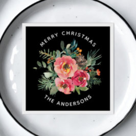 Guardanapo De Papel Floral e pinheiro de Natal preto. Inverno festivo