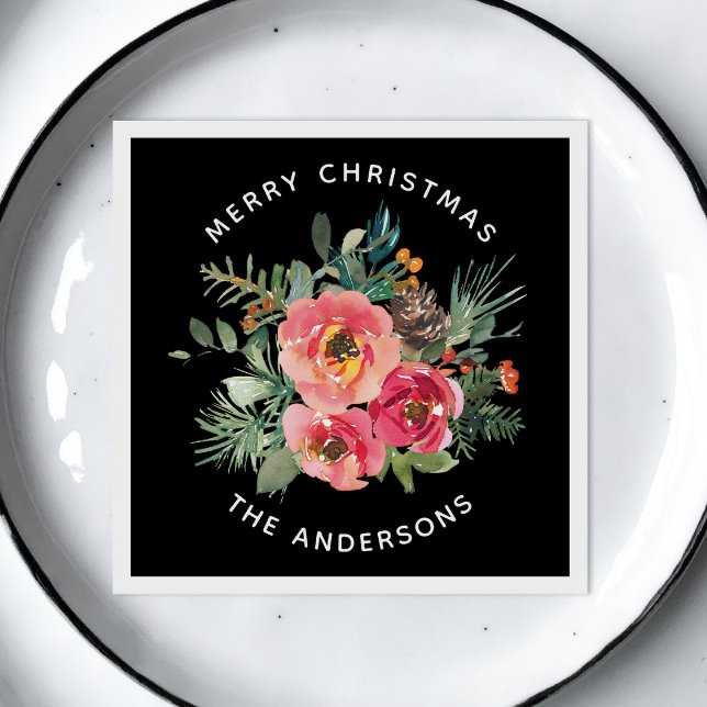 Guardanapo De Papel Floral e pinheiro de Natal preto. Inverno festivo  (Criador carregado)