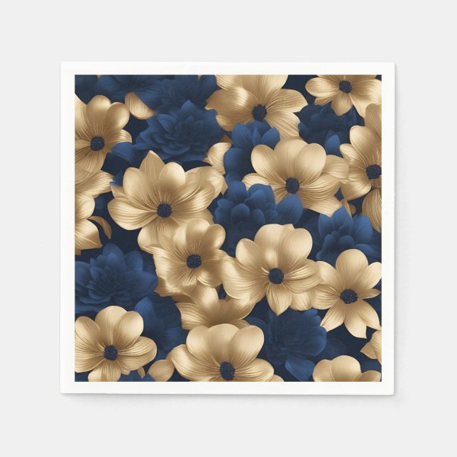 Guardanapo De Papel Floral Elegante Dourado Azul E Azul marinho (Frente)