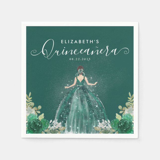 Guardanapo De Papel Floral Emerald Green Princess Dress Quinceanera (Frente)
