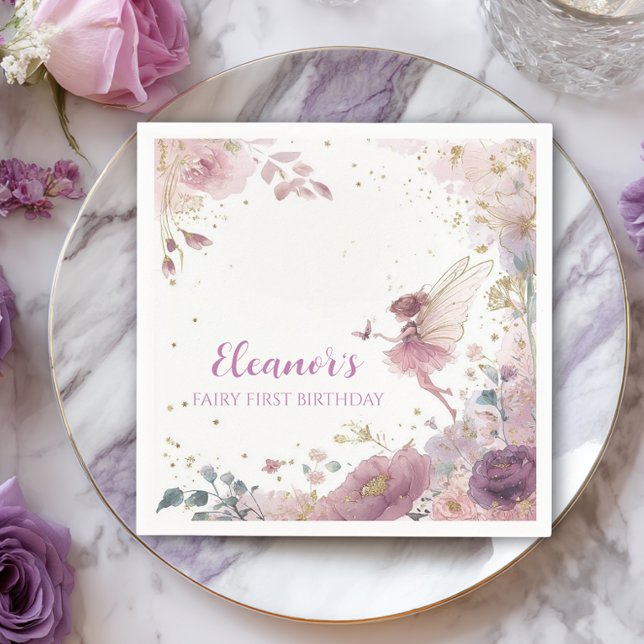 Guardanapo De Papel Floral Fairy First Birthday Personalised Napkin (Criador carregado)