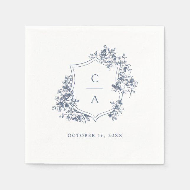 Guardanapo De Papel Floral French Rosas Casamento Crest Dusty Blue (Frente)