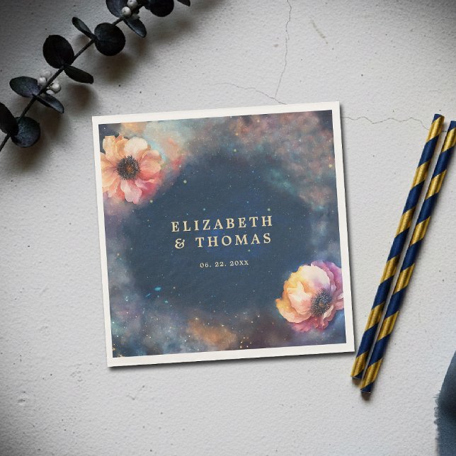 Guardanapo De Papel Floral Galáxia Celestial Noite Estrelada Casamento (celestial floral galaxy wedding napkin watercolor navy blue starry night written in the stars)