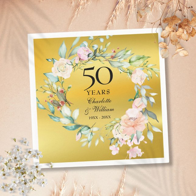 Guardanapo De Papel Floral Garland Gold Foil 50º Aniversário de Casame (Floral Garland Gold Foil 50th Wedding Anniversary Napkins)