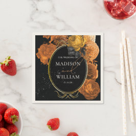 Guardanapo De Papel Floral Laranja e Preto de Casamento Personalizado