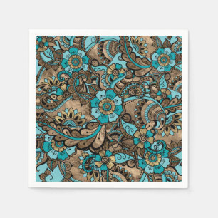 Guardanapo De Papel Floral Paisley Pattern - Teal e dourados