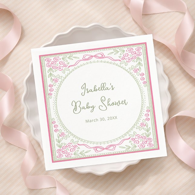 Guardanapo De Papel Floral Pink and Green Baby Shower Paper Napkin (Criador carregado)