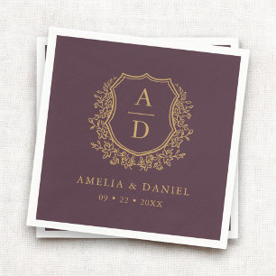 Guardanapo De Papel Floral Plum Purple Dourado Crest Monograma
