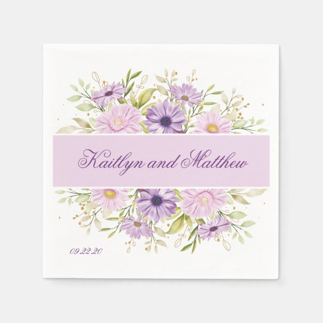 Guardanapo De Papel Floral Romântico de Casamento Roxo (Frente)