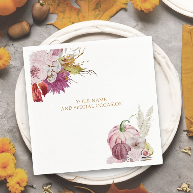 Guardanapo De Papel Floral Russo de Abóbora Personalizado (Personalized napkins for fall occasions  from the little pumpkin collection)