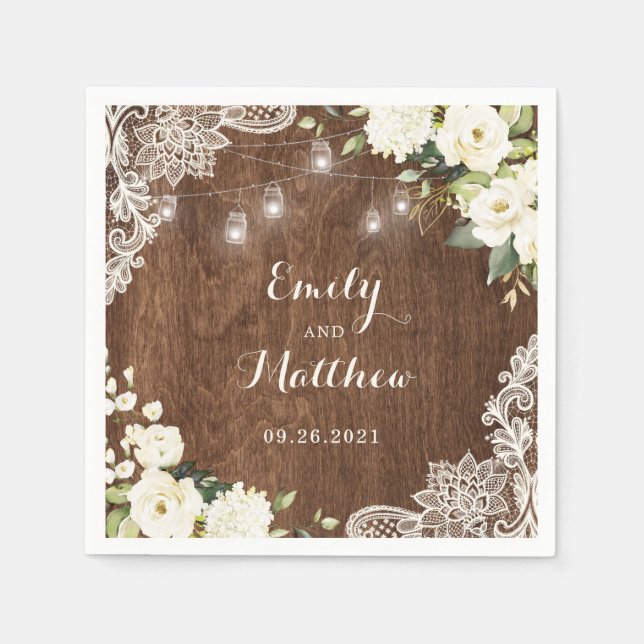 Guardanapo De Papel Floral Russo Wood Lace String Luzes Mason Jars (Frente)