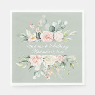 Guardanapo De Papel Floral Sage Green Elegant Script Name Wedding