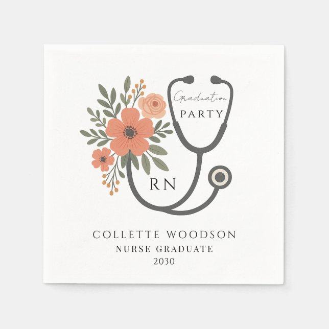 Guardanapo De Papel Floral Stethoscope Nurse Graduation Party (Frente)