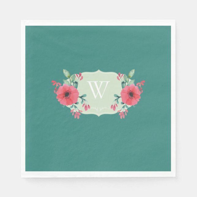 Guardanapo de papel floral turquesa com monograma  (Frente)