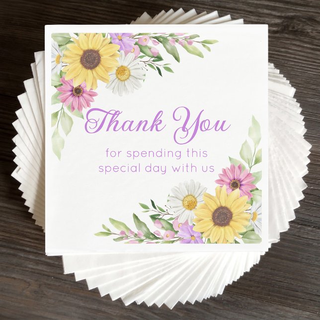 Guardanapo De Papel Floral Wedding Wildflower Sunflower Daisy Thanks (Criador carregado)