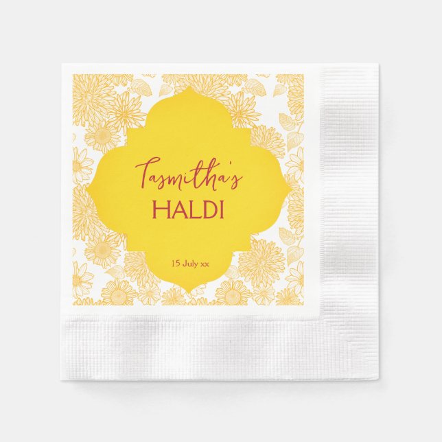Guardanapo De Papel Flores amarelas nome personalizado Haldi napkins (Frente)