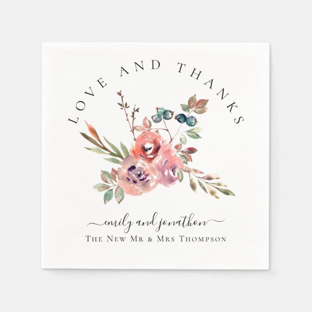 Guardanapo De Papel Flores Aquareladas Modernas Nomes de Agradecimento (Frente)