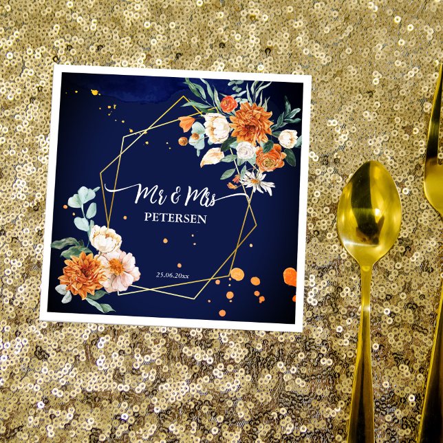 Guardanapo De Papel Flores azuis laranja marinho nome personalizado az (Criador carregado)