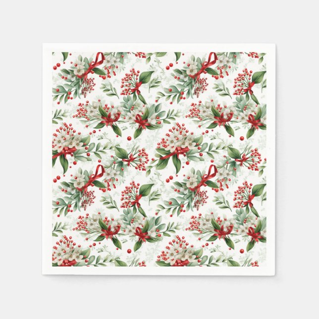 Guardanapo De Papel Flores brancas de Natal e Berries vermelhos (Frente)