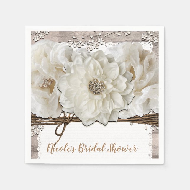 Guardanapo De Papel Flores Brancas e Bétula Chuveiro de Noiva Glamour  (Frente)