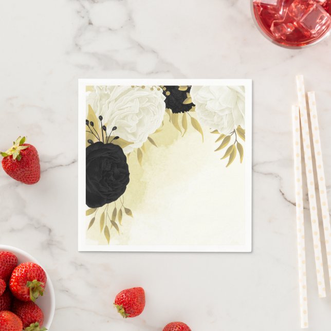 Guardanapo De Papel flores brancas pretas ouro folhas casamento (Insitu)