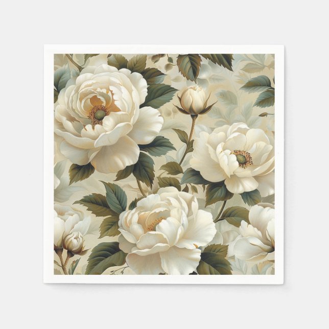 Guardanapo De Papel Flores brancas sobre fundo creme. (Frente)