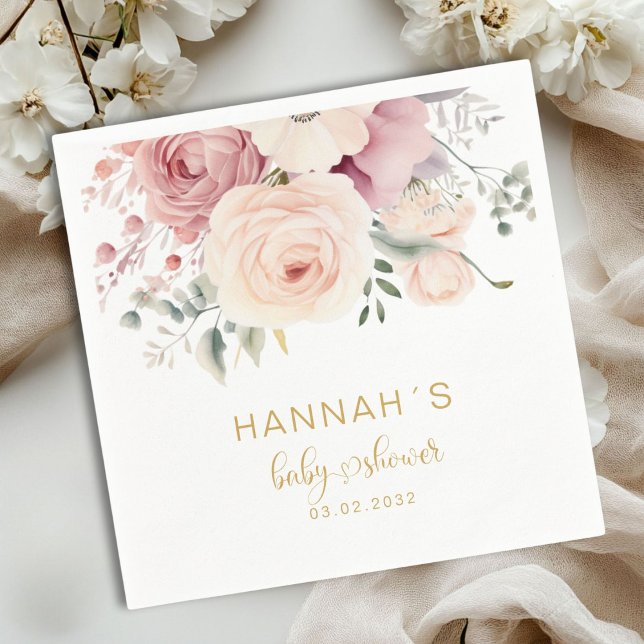 Guardanapo De Papel Flores Coloridas, Chá de fraldas (Colorful Flowers, Baby Shower Napkins with your name and date.)