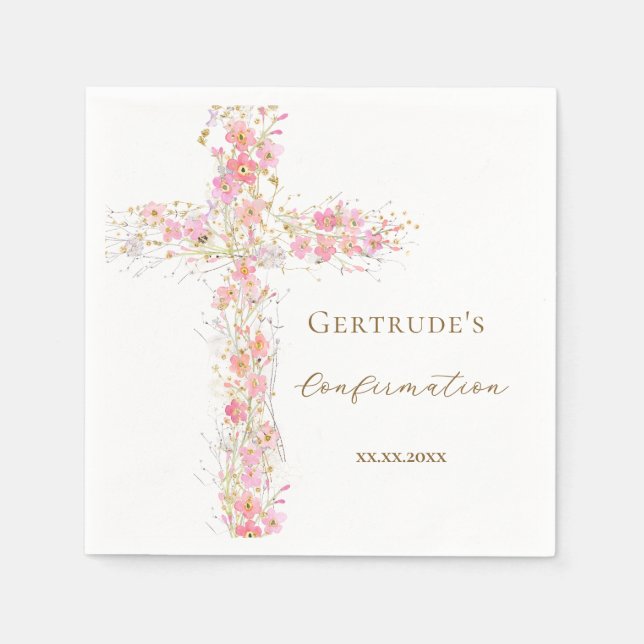 Guardanapo De Papel flores cor-de-rosa de confirmação cruz (Frente)