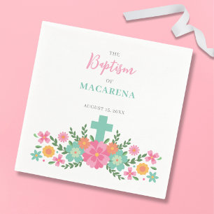 Guardanapo De Papel Flores cor-de-rosa e aqua com batismo