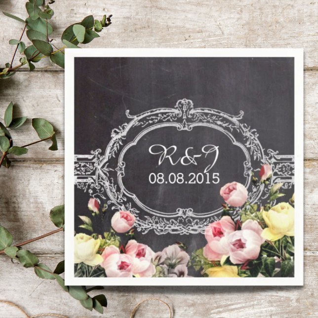 Guardanapo De Papel flores da safra russa moderna casamento Chalkboard (modern rustic vintage flowers Chalkboard wedding Napkins)
