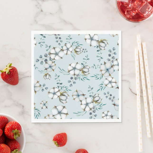 Guardanapo De Papel Flores de Algodão e Eucalipto em Aquarela (Insitu)
