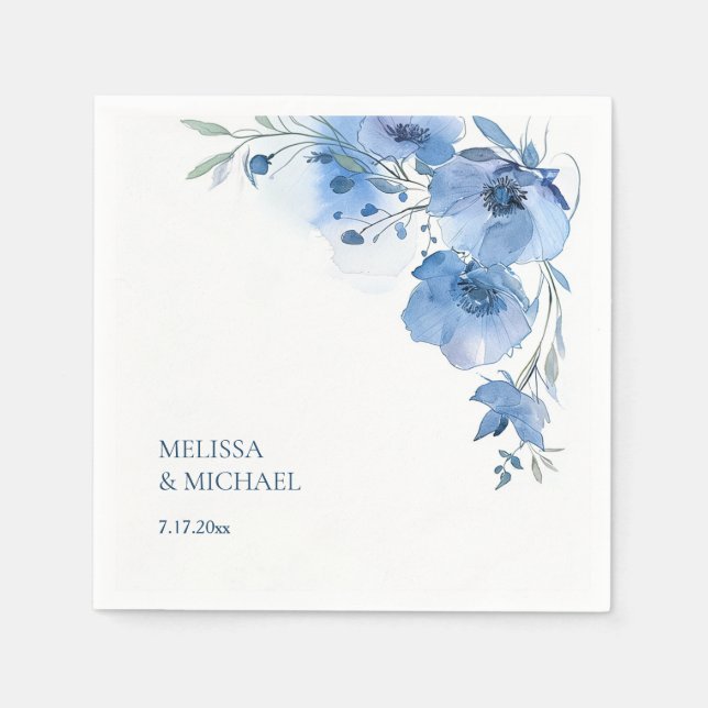 Guardanapo De Papel Flores de Aquarela Azul Casamento (Frente)
