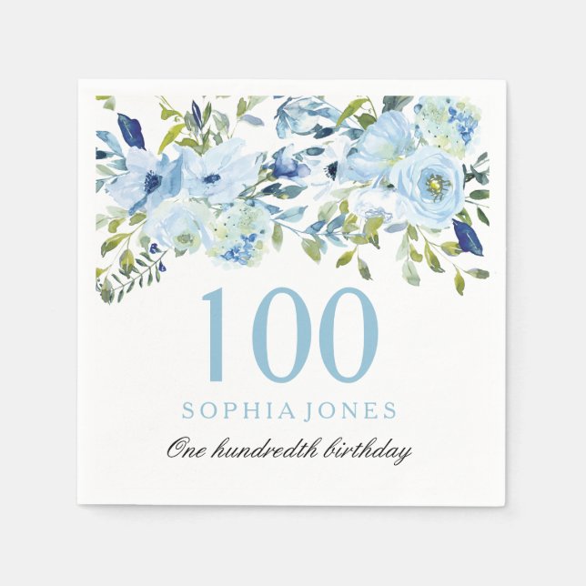 Guardanapo De Papel Flores de Aquarela Azul-Céu 100ª Festa de aniversá (Frente)